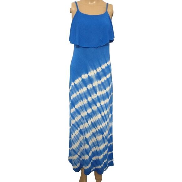 Y2K Maxi Dress Sz SP Studs Blue White Striped Jersey Knit Hippie Boho Nautical - Picture 4 of 16